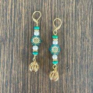 HAND CRAFTED BOHEMIAN EARRINGS White Pearls Czech Beads Turquoise